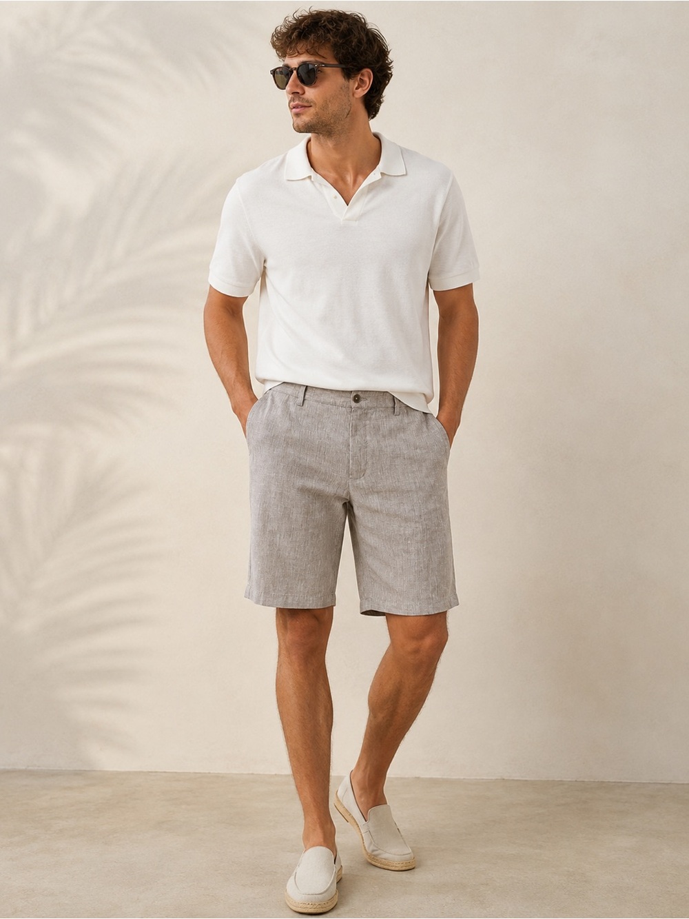 H&M New NWT Light Gray Linen 100%  Flat Front Shorts 34 R
